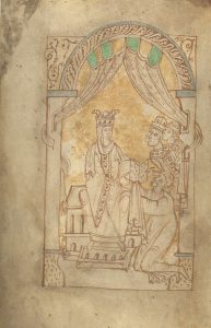 Emma of Normandy receiving the 'Encomium Emmae Reginae' from the author, with Harthacnut and Edward in the background.
