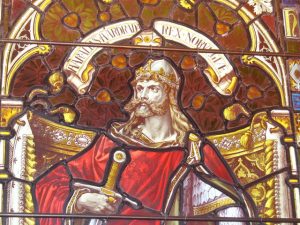 Stained glass window in Kirkwall Cathedral depicting Harald. Image by Colin Smith.