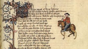 Chaucer's Wife of Bath, taken from the Ellesmere Manuscript of the Canterbury Tales. Written English only came back into use in the 14th century, thanks to the likes of Chaucer.