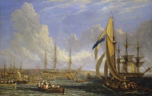 'Scene in Plymouth sound in August 1815' oil on canvas by John James Chalon, 1816