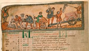 An 11th century manuscript showing unfree men working in the fields